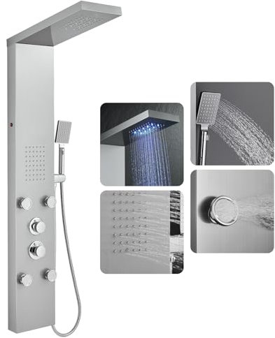 ROVOGO Duschpaneel mit Thermostat, Duschpaneele Komplett mit Regendusche, 2 Strahlarten Massagedüsen und Handbrause, Edelstahl Gebürstetes Duschsäule mit Armatur für Badezimmer, Wandmontage
