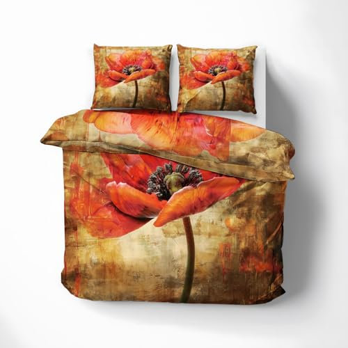WQIZXCW Mohnblumen Bettwäsche 200x220 - Mohn Motiv, Weiche und Angenehme Microfaser Bettbezug Set 3 Teilig, 2 Kissenbezug 80x80, mit Reißverschluss, Wendebettwäsche & Zimmer Deko
