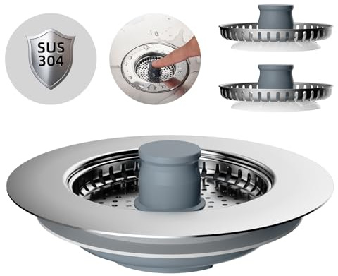 Hibbent Kitchen Sink Plug Strainer, 2 Stainless Steel Strainers, Chrome | Kitchen Stopper Combo,Stainless-wrap Shell, Anti-Clogging, Kitchen Sink Strainer Plug,and Prevent Odours-Depth > 22mm