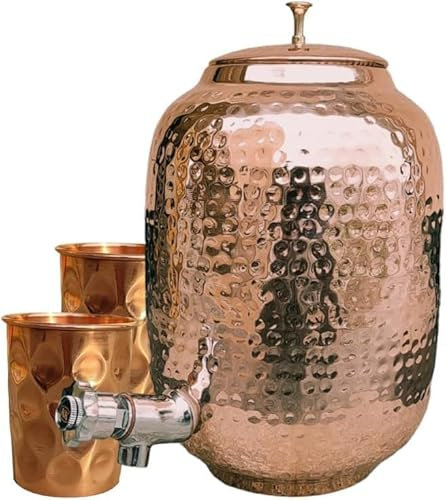 Fashnkart Pure Hammered Copper Water Dispenser With 2 Diamond Cut Tumbler Glass Matka Water Jug Copper Pot Copper Pitcher With Tap 8 Litre