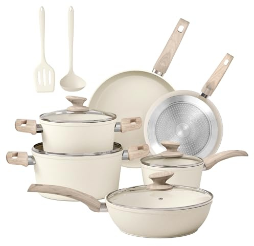 Kitchen Academy Topf und Pfannenset Topfset 12tlg Antihaft-Versiegelung | Kochgeschirr Set mit Deckel, Töpfe und Pfannen Set für Induktion, Gasherde und Mikrowelle, Beige