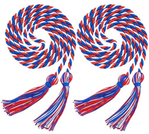 GORGECRAFT 2 Pezzo di Cordoncino d'Onore per La Stagione di Laurea con Nappe 1.7 Metri Blu Reale Rosso Bianco Poliestere Intrecciato Corde d'Onore Nastro Decorativo per Collana Oggetti di Scena