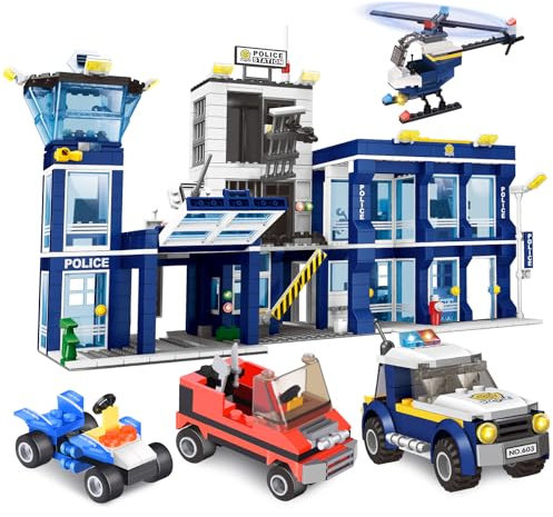 Herefun City Polizeistation Bausteine Spielzeug, 1145 Stück City Polizeistation Bauklötze Set mit Hubschrauber Polizeiauto, Polizei Rollenspiel Geschenk Konstruktion Spielzeug für Jungen Alter 6-12