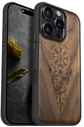 Carveit Holz Cover für iPhone 16 Pro, Nussbaum-Wikingerkompass | Handyhulle kompatibel MagSafe Massivholz für iPhone 16 Pro Handyhülle Stoßstange Weich TPU Case