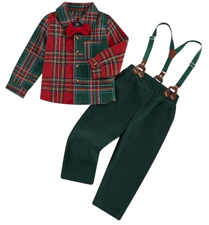 Geagodelia 2 Pezzi Completo Bambino di Natale Gentiluomo Camicia Maniche Lunghe+Pantaloni con Bretelle Tuta Natalizia Elegante per Ragazzi 1-7 Anni (Rosso, 1-2 Years)
