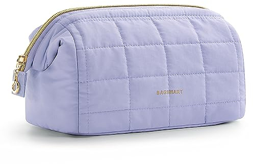 BAGSMART Makeup Bag Travel Cosmetic Bag, Puffy Padded Make Up Bags for Women, Large Capacity Wide-Open Travel-Size Toiletries Pouch, Purple