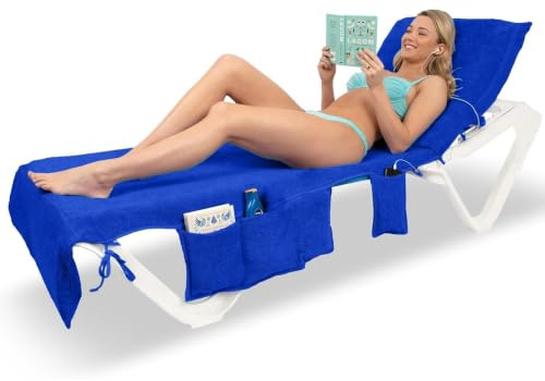 ITSA Terry Towelling Beach Towel with Pockets & Handles | 100% Cotton Foldable Sun Lounger Cover | Carry Bag | Secure Storage Beach Towel (Ocean Blue)