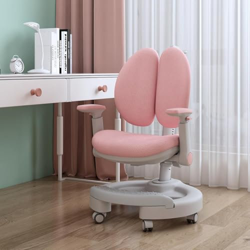 Utaxuper Kinder Schreibtischstuhl Höhenverstellbar, mit Fußstütze, 5-Gang 60 Grad Anhebbarer Handlauf, Selbsthemmende Rollen, Ergonomisch Drehstuhl Bürostuhl für Kinder ab 6 Jahren Rosa