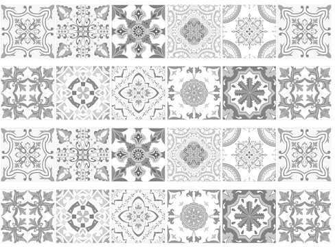 24pcs Grey Moroccan Tile Stickers, Moroccan Tile Decal, Kitchen Bathroom Wall Tile Stickers, Grey Cement Tiles Decal Splashback, New Wall Stickers Home Decor, Self Adhesive Waterproof Vintage Mosaic