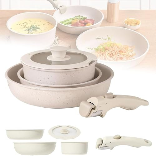 Mixtric Set di Pentole Gourmet, Padella Antiaderente in Ceramica con Coperchio, Set di Pentole in Ceramica Gourmetific, Manico Staccabile Pentole E Padelle Gourmetific,Bianca,5pcs