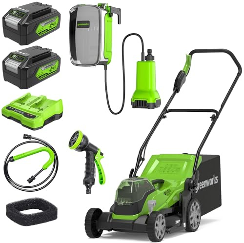 Greenworks 48V (2x24V) Kabelloser Akku Rasenmäher, 36 cm Schnittbreite, 2 x 24V 4Ah-Akkus & Doppelladegerät + Greenworks G24SWP Akku Tauchwasserpumpe, OHNE 24V Akku & Ladegerät, 3 Jahre Garantie