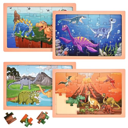 Wooderma Kinderpuzzle Dinosaurier, Dino Puzzle für Kinder ab 3 4 5 6 Jahre | Tier Holzpuzzle mit 4x24 Teilen, Montessori-Spielzeug, Lehrreiches Vorschulspielzeug, Geschenk für Jungen und Mädchen