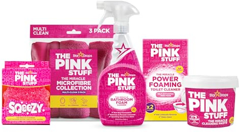 Stardrops - The Pink Stuff Bathroom Cleaning Kit – Cleaning Paste, Bathroom Foam Spray, Toilet Foaming Powder, SQeeZY Sponge & 3 Microfiber Cloths – Tough on Stains, Grease & Soap Scum