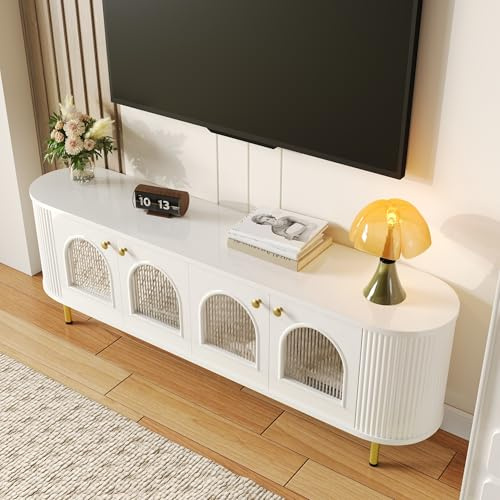 Easexcy TV-Schrank, Lowboard mit Glastüren, praktische Aufbewahrungsmöbel fürs Wohnzimmer, goldene Griffe und Beine (Weiß)