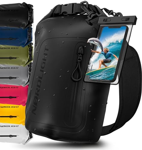 Nordlight Dry Bag Vattentät Väska med Mobilfodra+ Rullstängning, Axelrem | Drybag Vattentät Ryggsäck Packsäck Våtbag Packväska | Simning Strand Stå Upp Paddling Kanotpaddling - Svart, 10 Liter
