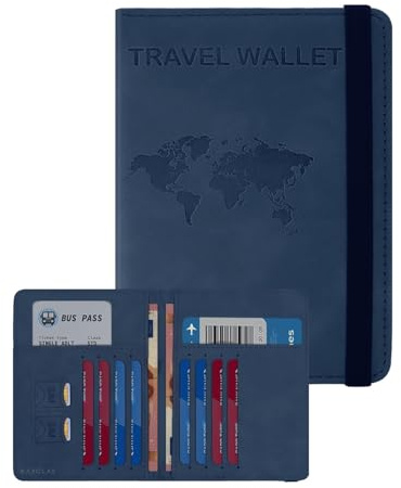RAXCLAY Reisepasshülle Cover Reiseetui 8 Karten RFID-Blockierung Dokumente nützliches Zubehör Herren Damen 2. Generation PU-Leder Multifunktions Doppelfach Abschirmfach Kompakt Slim, blau, Compatto