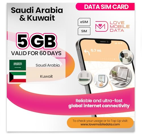 Love Mobile Data Only Sim Card - International Multi-Network 4G/5G Prepaid Pay As You Go Data Sim for Mobile Phones, WiFi Routers, & More, UK, Saudi Arabia & Kuwait - 5GB for 60 Days