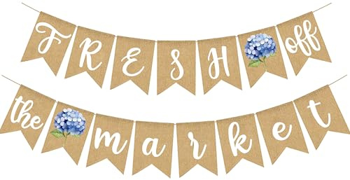 Fresh Off The Market Bridal Shower Banner Farmer's Floral Bachelorette Party Supplies Blue Hydrangea Burlap Garland