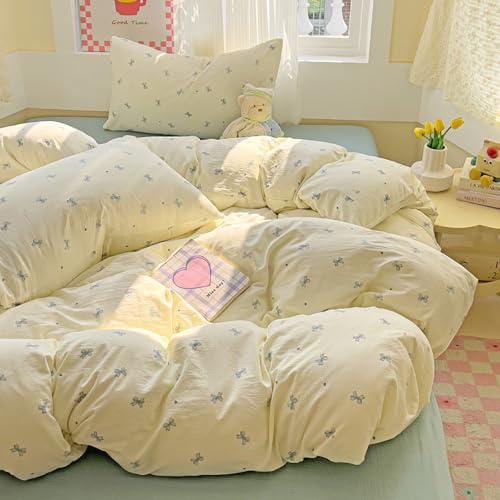 Covebett Copripiumino 140 x 200 cm, colore beige, blu, con fiocco, a forma di cuore, romantico, set da letto Kawaii per adulti 1 persona, in microfibra, lavato, biancheria da letto con cerniera e 1