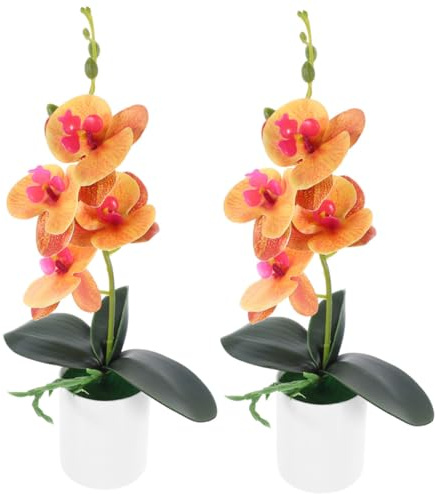 SOLUSTRE Orchidea Artificiale da Interno 2 Pezzi in Plastico Arancione, Bonsai Decorativo Facile da Curare per Studio e Camera da Letto