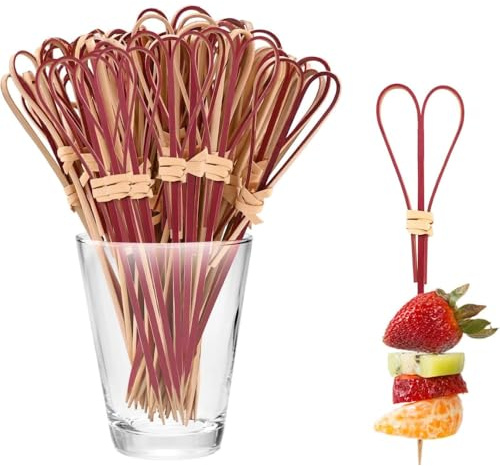 SHOP-STORY Set med 50 stycken bambu- och hjärtformade cocktailtoppar, 9 cm, engångsartiklar för förrätt, frukt, grönsaker, ost, oliv