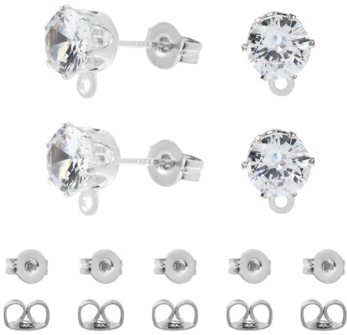 Beebeecraft 1 scatola Da 30 pezzi di Orecchini A Bottone In Zirconia Cubica Perno per Orecchini Rotondo con 925 perni e Passanti In Argento Sterling per La Creazione di Gioielli Fai Da Te