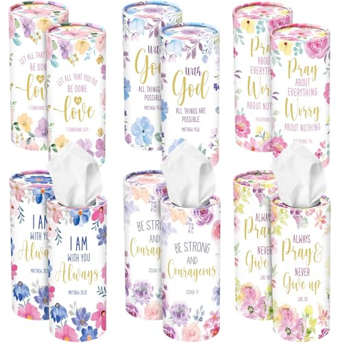 Outus 12 Pcs Floral Christian Car Tissues Cylinder Holder with 3 Ply Facial Tissue Bulk Inspirational Bible Verse Tissue Holder Flower Religious Travel Tissues Boxes Container for Car Cup Home Office