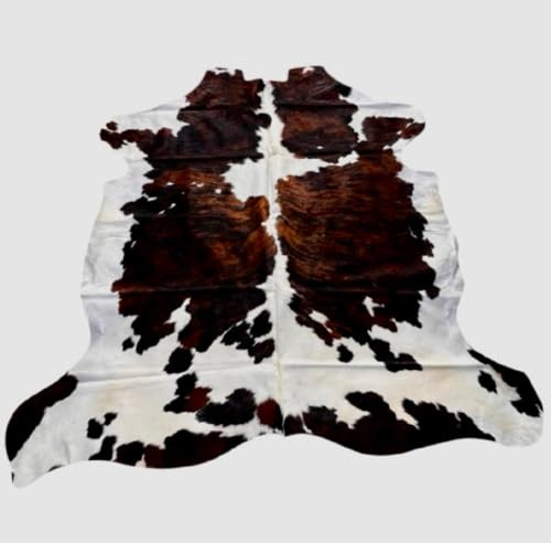 Tappeto in pelle di mucca naturale, motivo screziato in marrone e bianco, cornolo