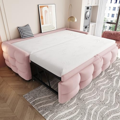 Zravenna Polsterbett Schlafsofa 90/180x190cm mit Ausziehbett gleiche höhe, umbaubar in Einzelbett/Doppelbett, Ausziehbares Daybed mit Lattenrost, Gästebett ohne Kopfteil, Teddy-Samtstoff (Rosa)