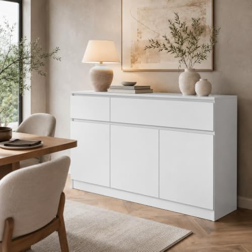 PREMTURE Sideboard Weiß Hochglanz, Kommode mit 2 Schubladen & 3 Türen, 120 x 40 x 83 cm – Viel Stauraum für Wohnzimmer, Esszimmer oder Flur, Modernes Sideboard mit verstellbaren Einlegeböden