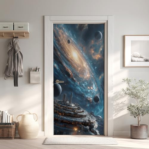 Weltraum Türtapete Türposter Türfolie Selbstklebend PVC, Milchstraße Türaufkleber Abnehmbar Wasserdicht 95x205 cm, Futuristisch Fototapete für Tür Wohnzimmer Kinderzimmer