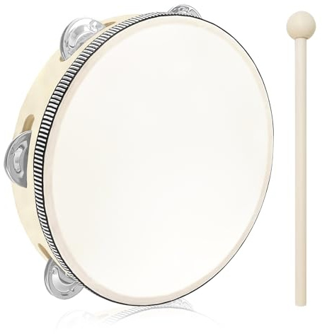TAIVIN Holz Tamburin Set mit Schlägel 8 Zoll Handtrommel 20 cm | Durchmesser Schnurverstärkter Rand (8“)