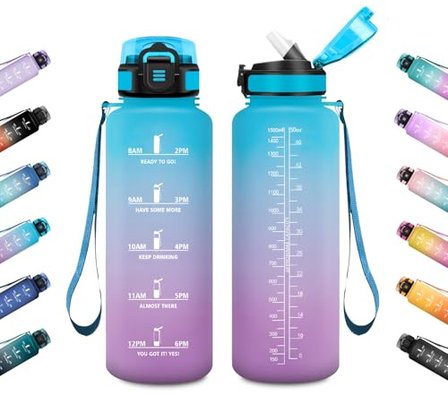JAPORIA Borraccia 1.5L, Borraccia Motivazionale con Cannuccia, Indicatore Tempo, Antigoccia, Riutilizzabile, per Palestra, Campeggio, Lavoro