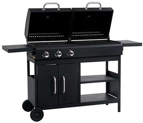 Gas Charcoal Combo Grill with 3 Burners, Outdoor Dual Fuel BBQ with 2 Heavy-Duty Hoods and Built-In Thermometers, Foldable Side Tables, Storage Cabinet, and 2 Wheels