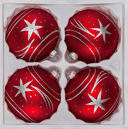 4 TLG. Glas-Weihnachtskugeln Set 8cm Ø in Classic Rot Silber Komet - Christbaumkugeln - Weihnachtsschmuck-Christbaumschmuck 8cm Durchmesser