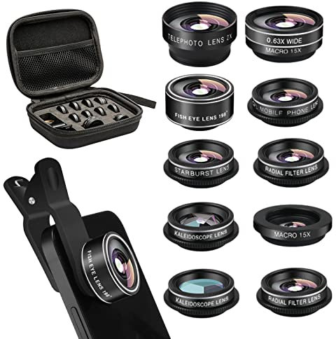 Cell Phone Camera Lens Kit,11 in 1 Super Wide Angle+ Macro+ Fisheye Lens +Telephoto+ CPL+3/6 Kaleidoscope+Starburst/Radial/Soft/Flow Filter Lens Compatible for iPhone X/8/7/6s/6 Plus, Samsung,Android