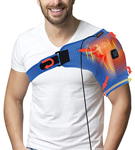 DOACT Soporte de hombro, soporte de hombro con cinturón de soporte, almohadilla de calefacción eléctrica USB para hombro para manguito rotador (azul, L)