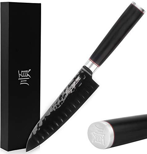 YOUSUNLONG Couteau Santoku 7 pouces (180mm) Couteau de cuisine Couteau de chef - Lame enduite de nitrure de titane noir AUS8 japonais - Manche en ébène naturel