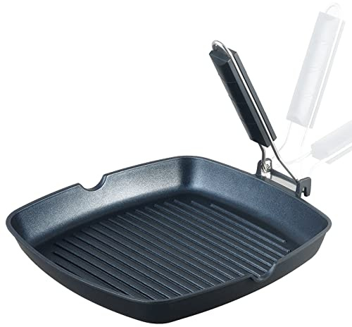 S·KITCHN Grill Pan with Folding Handle, Nonstick Grilling Pan for Stove Tops, Induction Compatible Square BBQ Pan with Pour Spouts - 11 in