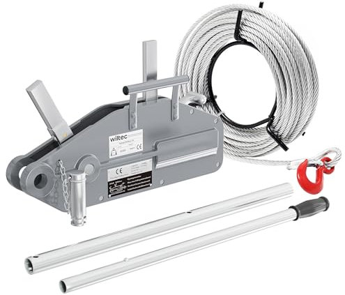 Wiltec Seilzug bis 1600 kg Seilwinde mit 20 m Seil, Handseilwinde mit Ø 11 mm Stahl-Seil, Forstseilwinde mit Abscherstift, Handseilzug mit Lasthaken