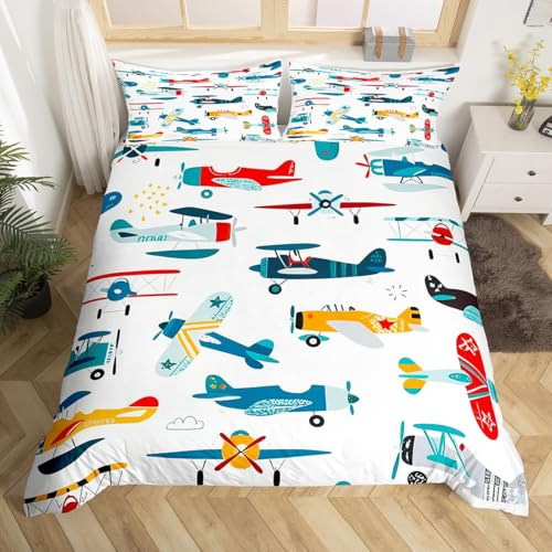 Feelyou Airplane Duvet Cover Set for Kids Toddler Cartoon Aircraft Bedding Set Cute Baby Boys Girls Comforter Cover with 1 Pillow Sham Twin