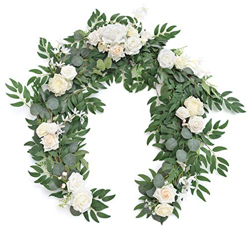 Ling's Moment Flower Garland - 6FT Eucalyptus & Rose - Sweetheart Table Decor for Wedding Reception, Artificial Floral Garland for Mantle, Spring Garden Ceremony, Christmas Decoration, Ivory White