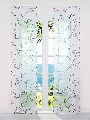 ESLIR Schiebegardinen Set 2er Flächenvorhänge Gardinen mit Klettband Schiebevorhang Transparent Vorhang mit Ranken Muster Voile Schwarz BxH 57x175cm 2 Stück