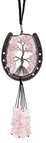 KYEYGWO Handgemacht Hufeisen Baum des Lebens Anhänger Deko, Rosenquarz | Kristall Edelstein Wand Hängen Ornament für Autospiegel Fenster Garten Innendekoration Heimdekoration Glücksbringer Geschenke