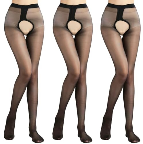 Verdancy Plus Size Women’s Sheer Crotchless Pantyhose Shimmery Stockings for 264lbs Footed High Waist Tights, 3 Pairs of Black Crotch Opening, XX-Large