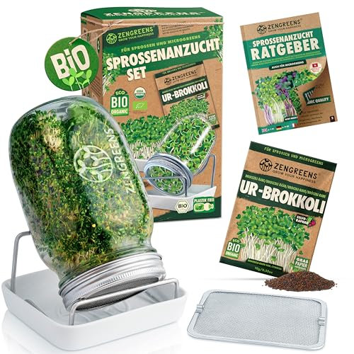 zengreens® Organic Sprout Jar Set with Seeds, Tray & Video Course - Set of 1, 2 or 3 - Glass Jar - Cress Tray - Microgreens (Set of 1)