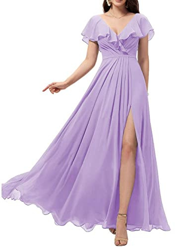 WSEYU Scollo a V Abiti da damigella d'onore lunghi con fessura in chiffon una linea di volant abiti da ballo con tasche C087, Lilla, 44