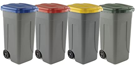 Eplastic - Set 4 Bidoni Raccolta Differenziata 100L | Contenitori Rifiuti con Coperchi Colorati (Blu, Giallo, Verde, Rosso) | Pattumiere Ecologiche per Casa e Ufficio - Corpo Grigio Resistente