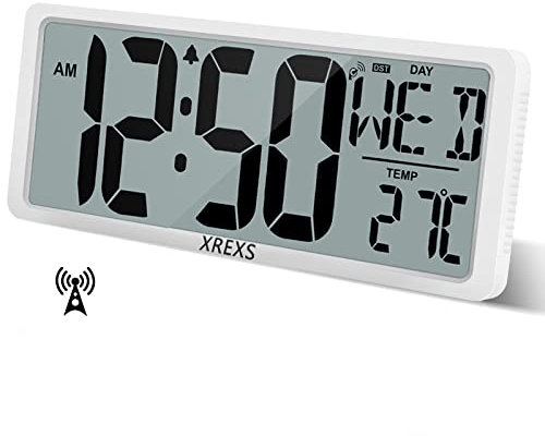 XREXS Digitale Funkwanduhr Groß, 13,46 LCD HD Display, Automatischer Zeiteinstellung, Kalender, Wecker, Temperatur- und Timerfunktion, Lauter und klarer Alarmton, Speicherfunktion 358 x 149 x 36 mm