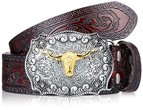 Jadive Herren Gürtel Western Cowboy Bull Leder Schnalle Gürtel Langhorn Schnalle Gürtel mit Blumen Gravur für Männer